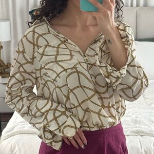 Michael Kors Gold Chain Detail Long Sleeve Blouse, Size L